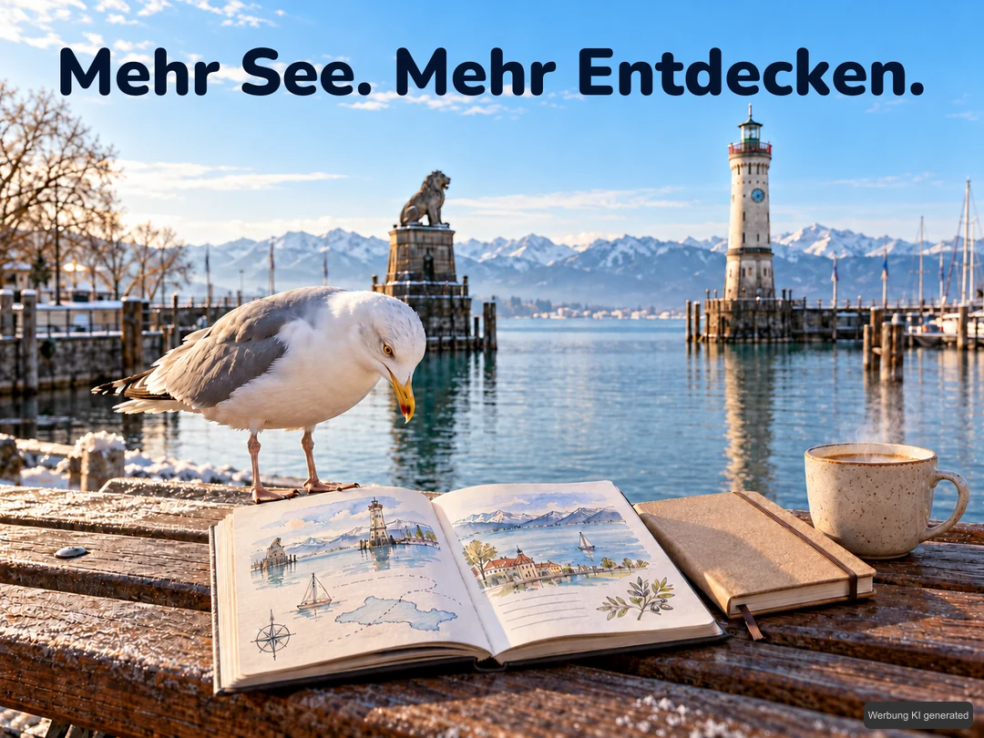 Eine neugierige Möwe betrachtet einen neutralen Entdeckungsführer vor dem Lindauer Hafen mit Löwe, Leuchtturm und Alpen. KI-Symbolbild. Bildtext: Mehr See. Mehr Entdecken.