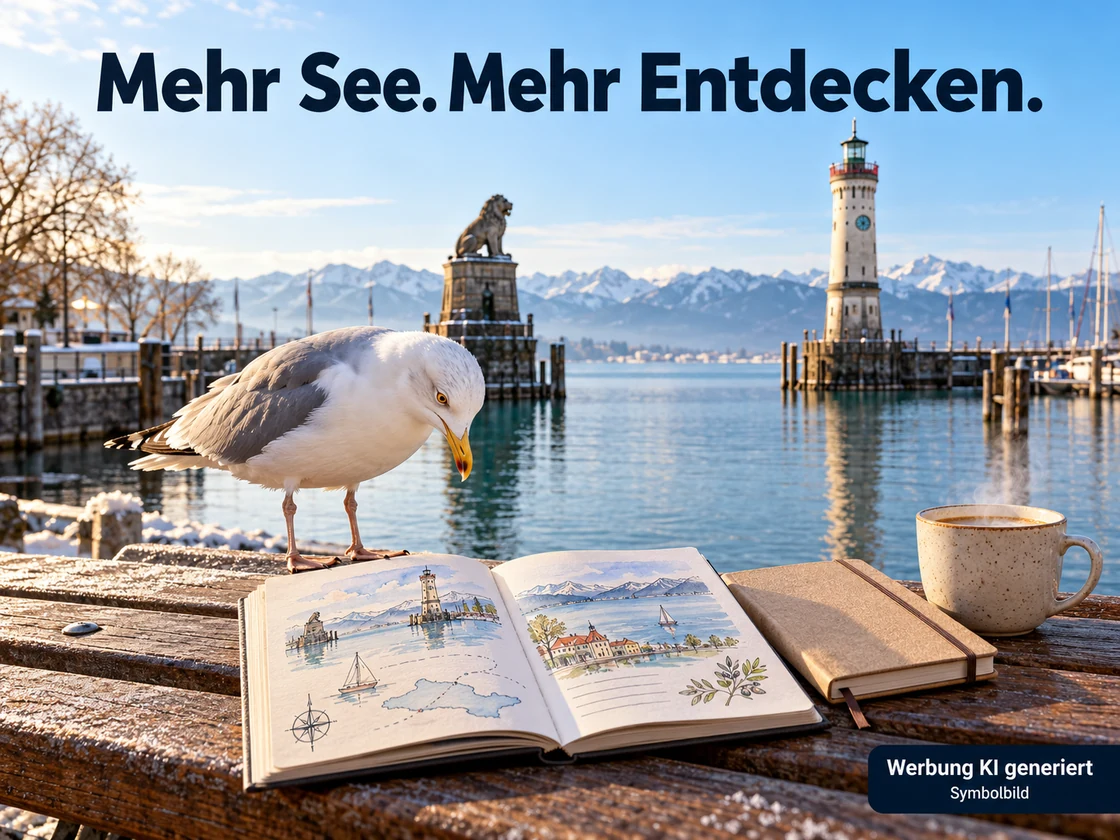 Eine neugierige Möwe betrachtet einen neutralen Entdeckungsführer vor dem Lindauer Hafen mit Löwe, Leuchtturm und Alpen. KI-Symbolbild. Bildtext: Mehr See. Mehr Entdecken.