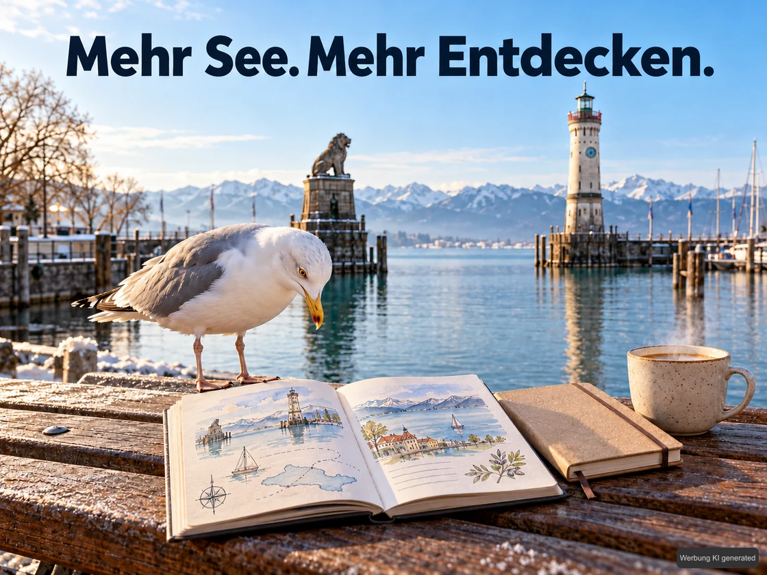 Eine neugierige Möwe betrachtet einen neutralen Entdeckungsführer vor dem Lindauer Hafen mit Löwe, Leuchtturm und Alpen. KI-Symbolbild. Bildtext: Mehr See. Mehr Entdecken.