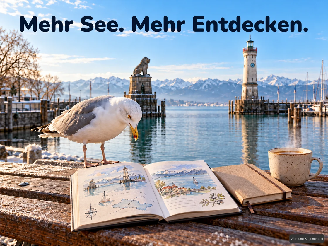 Eine neugierige Möwe betrachtet einen neutralen Entdeckungsführer vor dem Lindauer Hafen mit Löwe, Leuchtturm und Alpen. KI-Symbolbild. Bildtext: Mehr See. Mehr Entdecken.