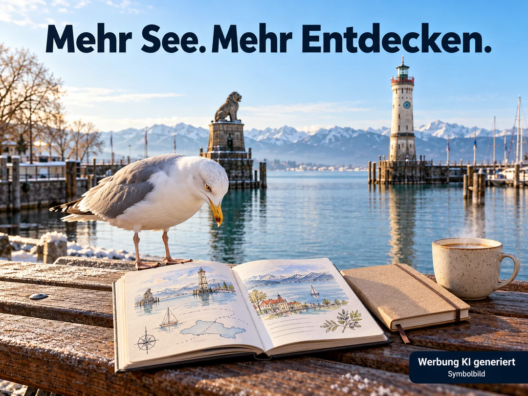 Eine neugierige Möwe betrachtet einen neutralen Entdeckungsführer vor dem Lindauer Hafen mit Löwe, Leuchtturm und Alpen. KI-Symbolbild. Bildtext: Mehr See. Mehr Entdecken.