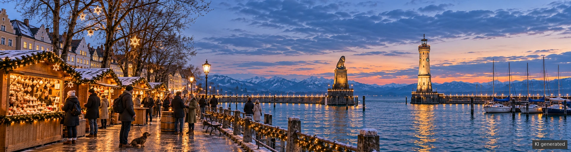 KI-generierter Weihnachtsmarkt am Lindauer Hafen mit Leuchtturm, Bayerischem Löwen und Lichtern auf dem Bodensee.