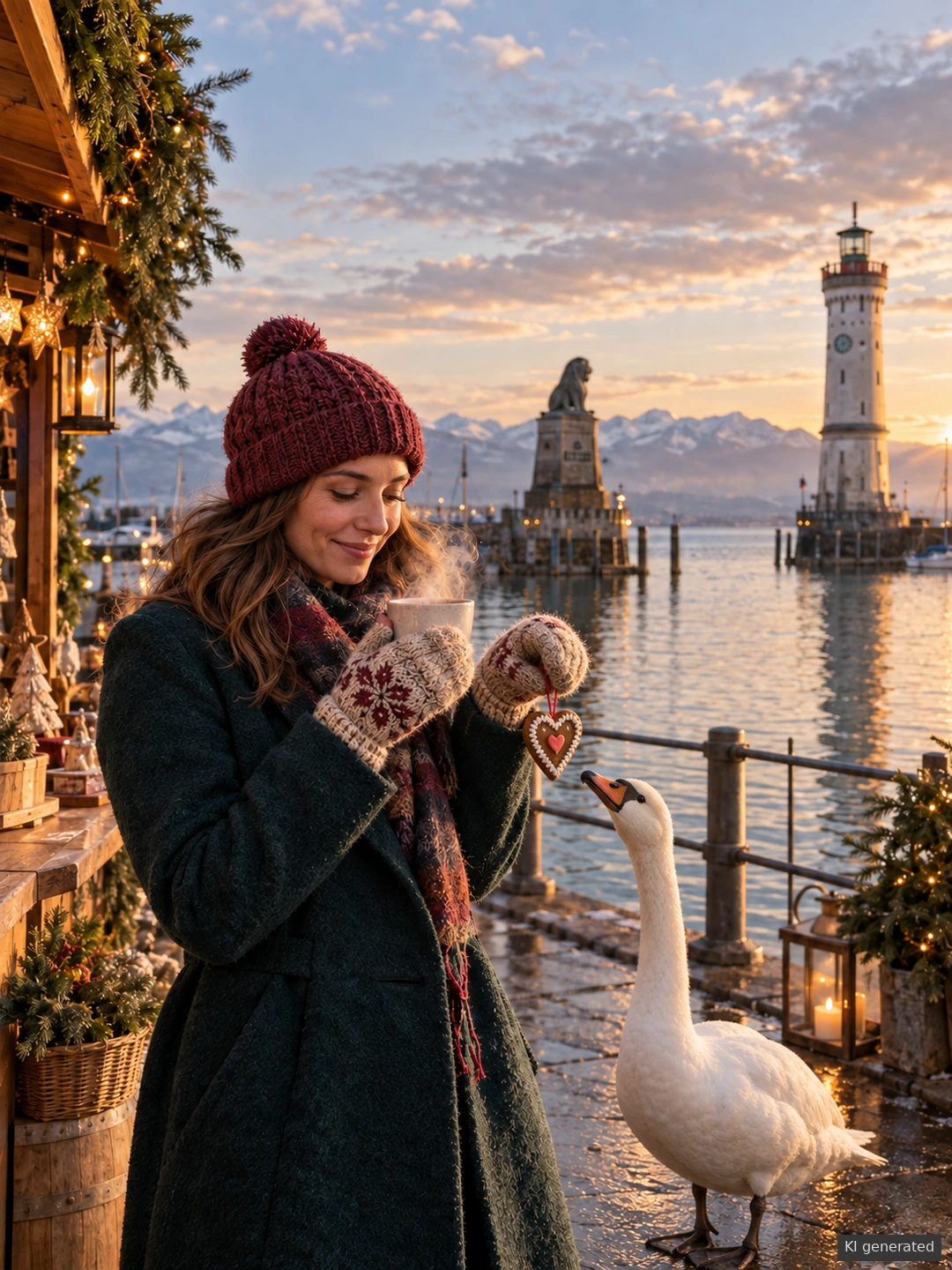 Besucherin mit Becher und Lebkuchenherz neben einem neugierigen Schwan am Lindauer Hafen.