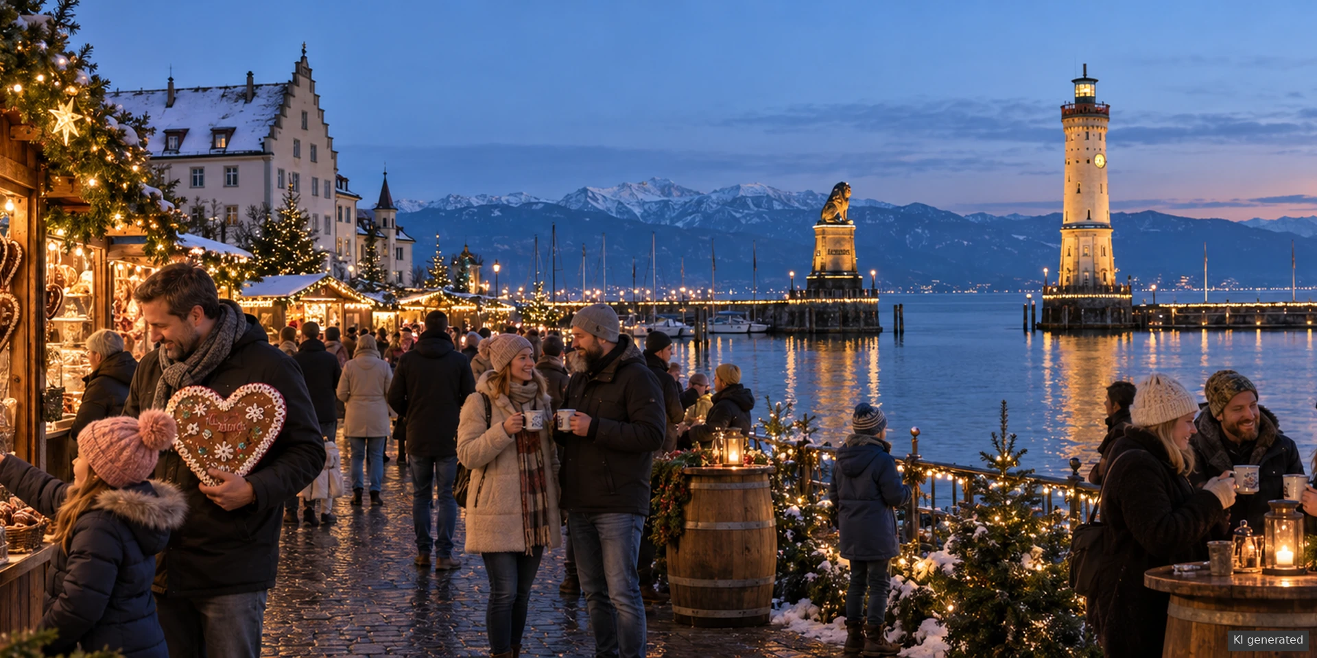 Besucher auf der Lindauer Hafenweihnacht vor Leuchtturm, Löwe und winterlichem Bodensee.