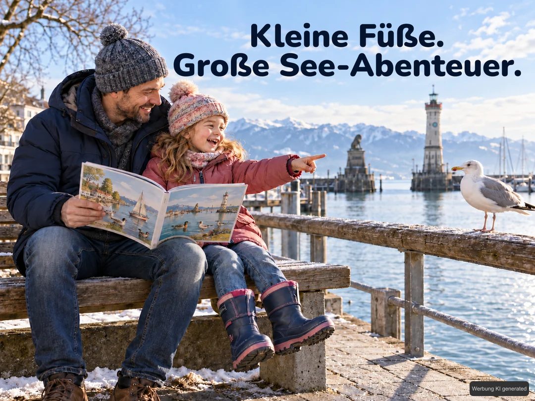 Ein Kinder-Entdeckerbuch und Ausflugsutensilien am Bodensee stehen für gemeinsame Entdeckungen mit der Familie. KI-Symbolbild. Bildtext: Kleine Füße. Große See-Abenteuer.