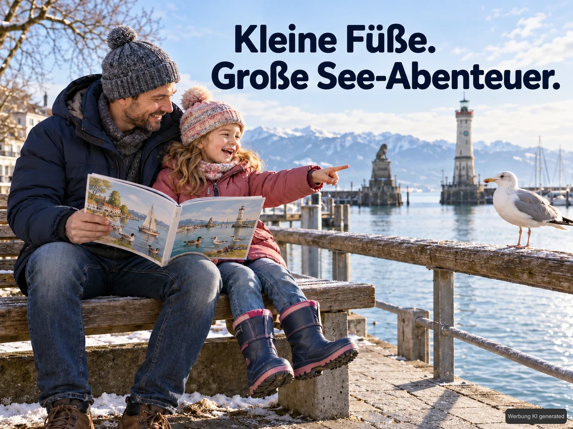 Ein Kinder-Entdeckerbuch und Ausflugsutensilien am Bodensee stehen für gemeinsame Entdeckungen mit der Familie. KI-Symbolbild. Bildtext: Kleine Füße. Große See-Abenteuer.