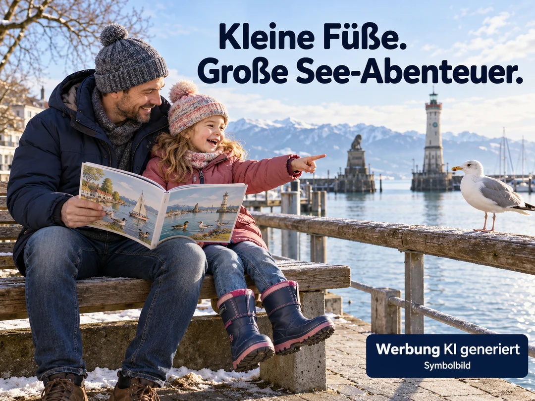 Ein Kinder-Entdeckerbuch und Ausflugsutensilien am Bodensee stehen für gemeinsame Entdeckungen mit der Familie. KI-Symbolbild. Bildtext: Kleine Füße. Große See-Abenteuer.