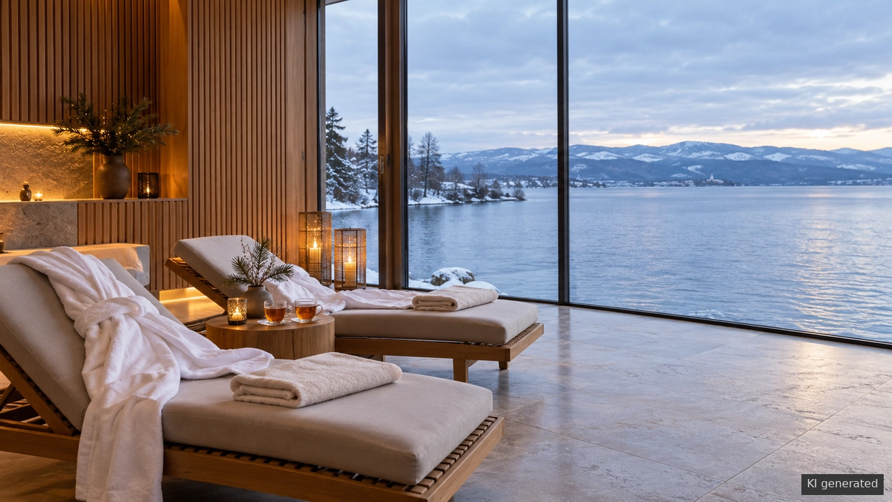 Zwei Liegen und Bademäntel in einem ruhigen Wellnessbereich mit winterlichem Bodenseeblick.