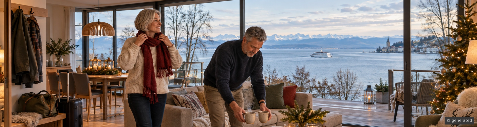 KI-generierte Ferienwohnung mit Bodenseeblick, Reisepaar, Koffern und dezentem Weihnachtsschmuck.