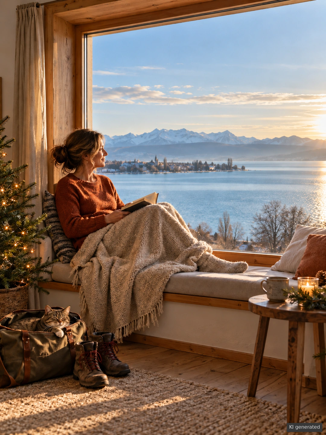 Urlauberin mit Buch am Fenster zum Bodensee; im offenen Reisegepäck schläft eine Katze.