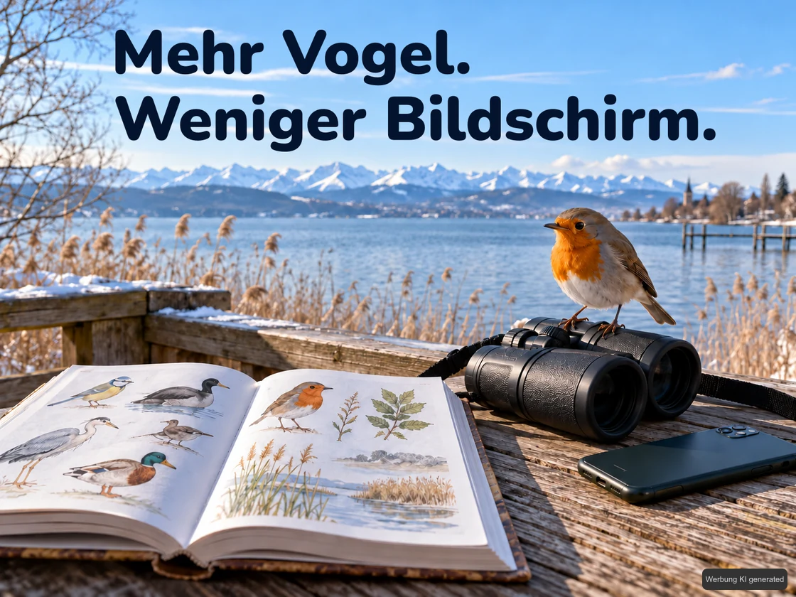 Ein Rotkehlchen sitzt auf einem Fernglas neben einem neutralen Naturführer am Schilfufer des Bodensees. KI-Symbolbild. Bildtext: Mehr Vogel. Weniger Bildschirm.