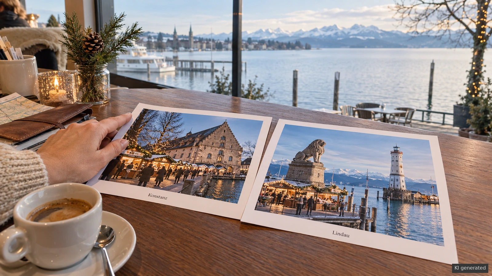 Zwei Bildkarten mit Konstanzer Marktweg und Lindauer Hafen auf einem Cafétisch am Bodensee.
