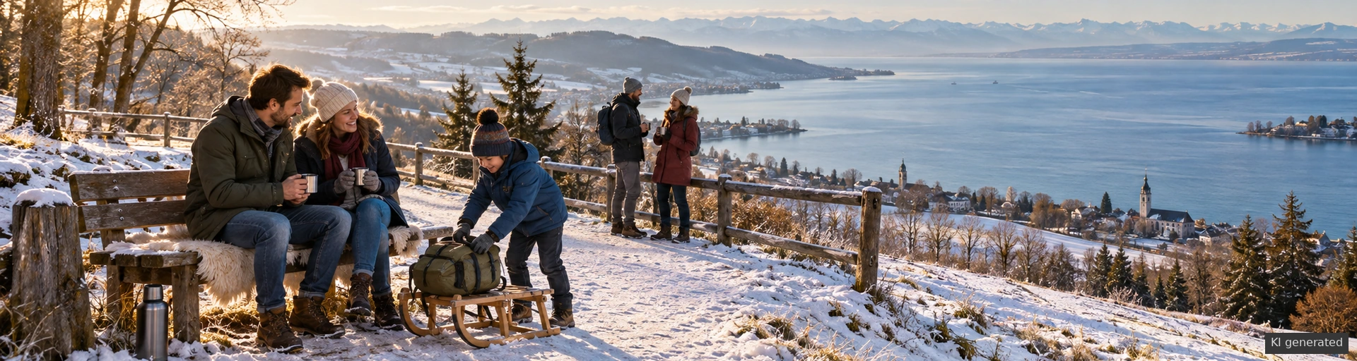 KI-generierter Winterspaziergang einer Familie und eines Paares auf einem breiten Aussichtspfad über dem Bodensee.