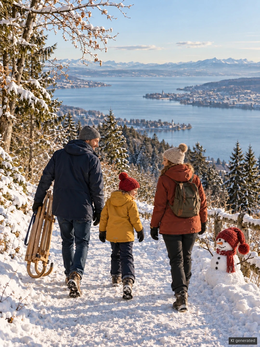 Familie mit Schlitten auf einem verschneiten Bodensee-Aussichtsweg neben einem kleinen Schneemann mit großer Mütze.