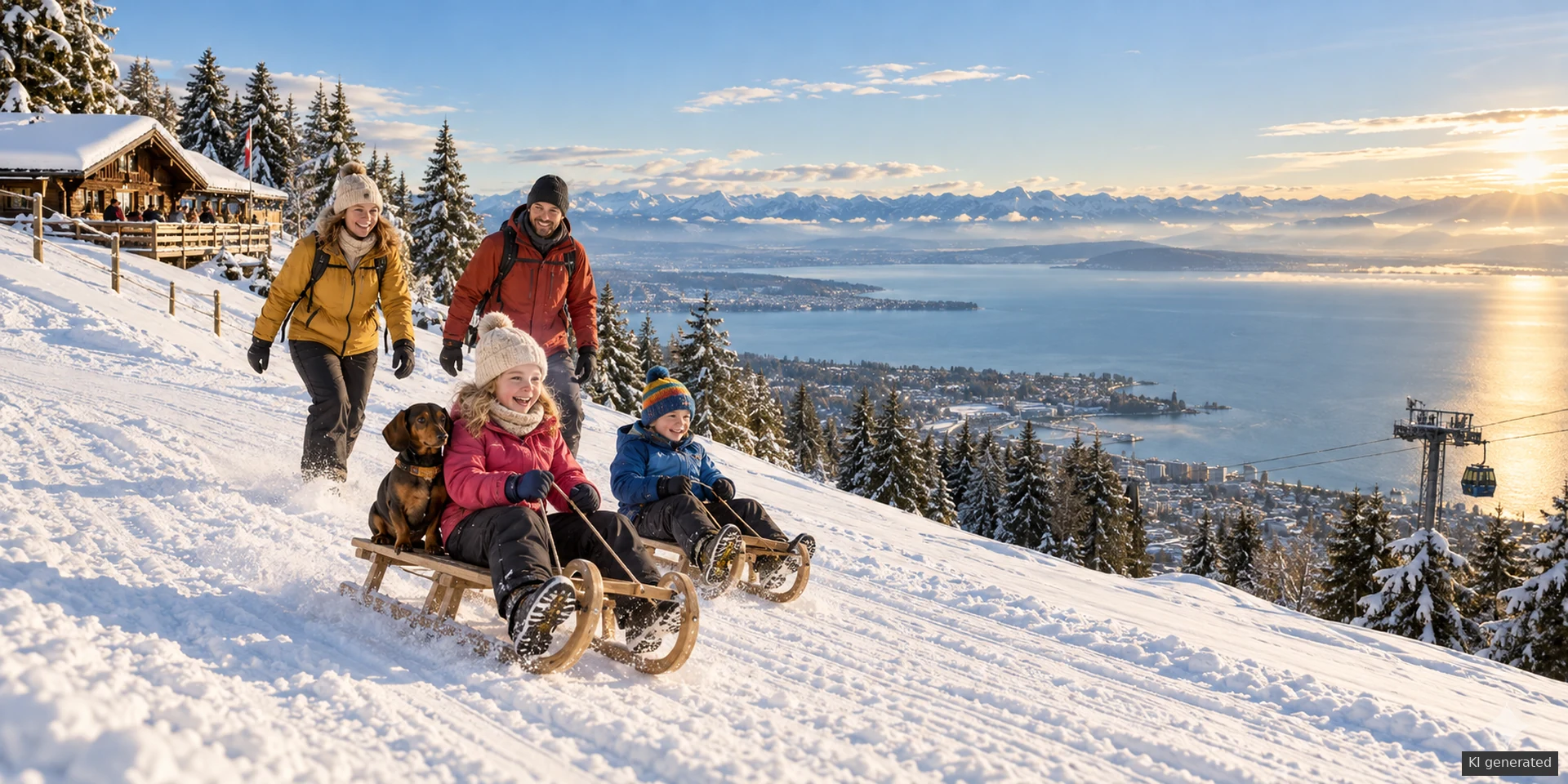 Familie rodelt mit Dackel am Pfänder über Bregenz und dem winterlichen Bodensee.