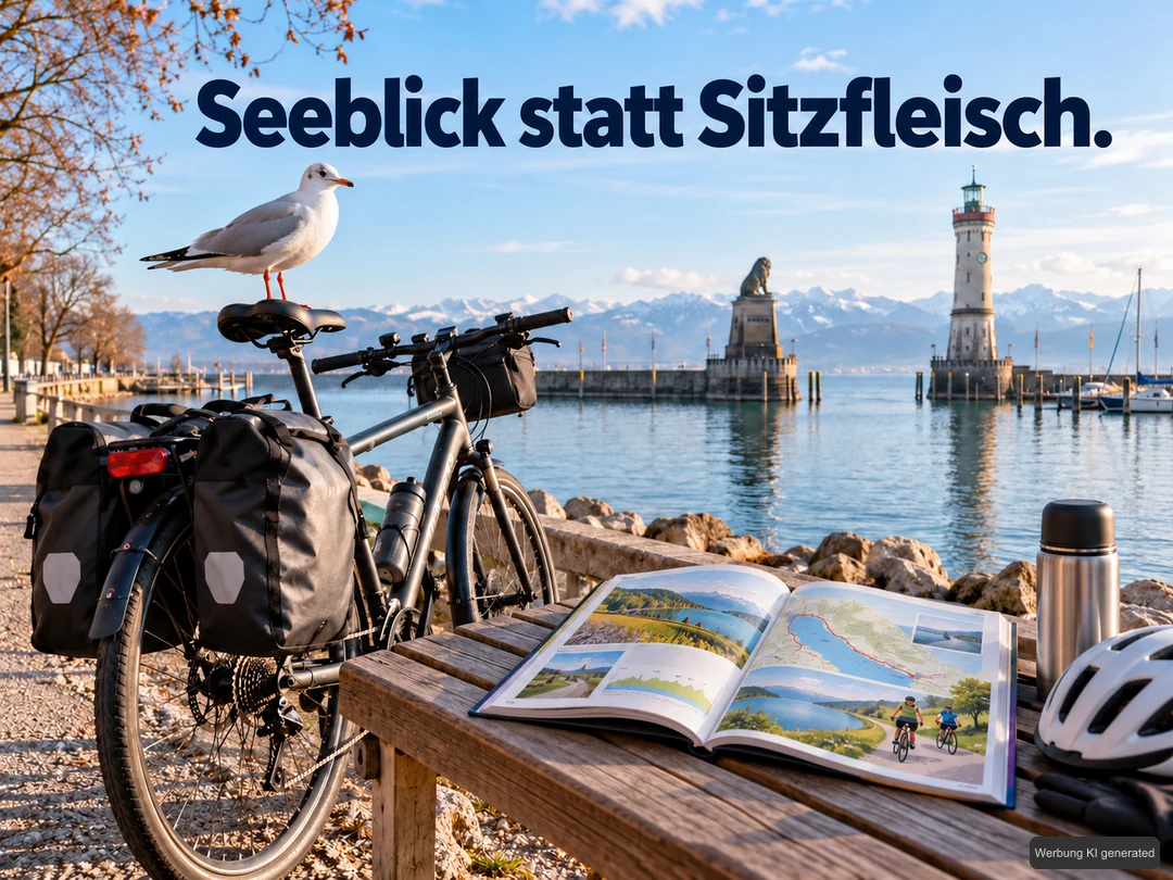 Eine Möwe sitzt auf dem Sattel eines Tourenrads; daneben liegt ein neutraler Radreiseführer mit Helm und Thermosflasche vor dem Lindauer Hafen. KI-Symbolbild. Bildtext: Seeblick statt Sitzfleisch.