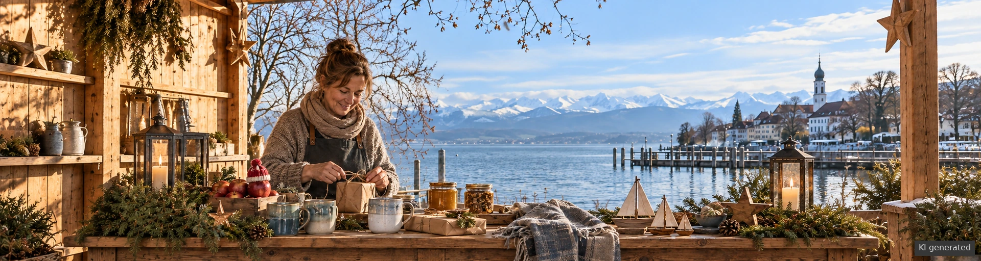 KI-generierte Bodensee-Geschenkideen mit Keramik, Äpfeln und Holzarbeiten an einem winterlichen Tisch am See.