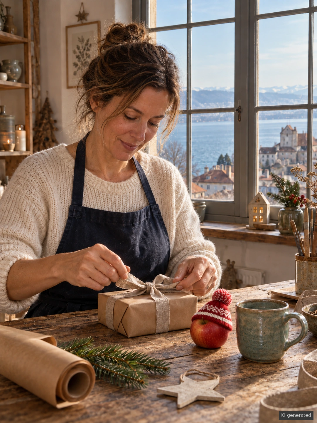 Frau verpackt ein Geschenk neben Keramik und einem Apfel mit Strickmütze in einem Atelier mit Bodenseeblick.