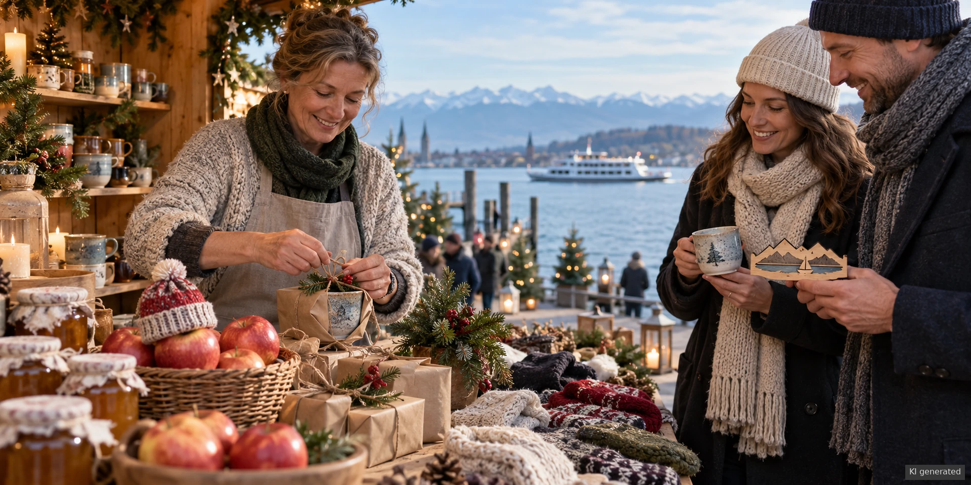 Kunsthandwerkerin verpackt Keramik, Apfelprodukte und Strickwaren auf einem Bodensee-Weihnachtsmarkt.