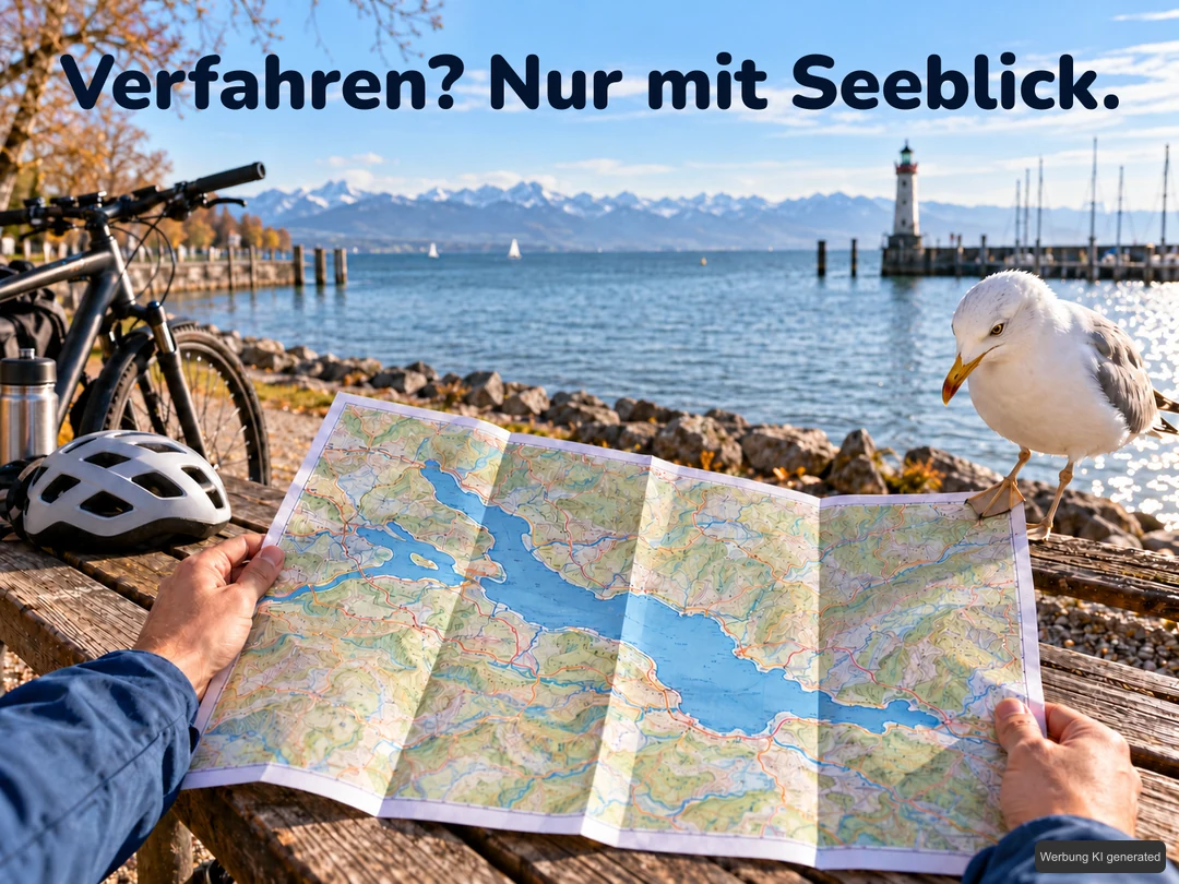 Hände halten eine aufgefaltete illustrative Bodensee-Radkarte, während eine Möwe eine Ecke festhält; Fahrrad, Helm und See bilden den Hintergrund. KI-Symbolbild. Bildtext: Verfahren? Nur mit Seeblick.