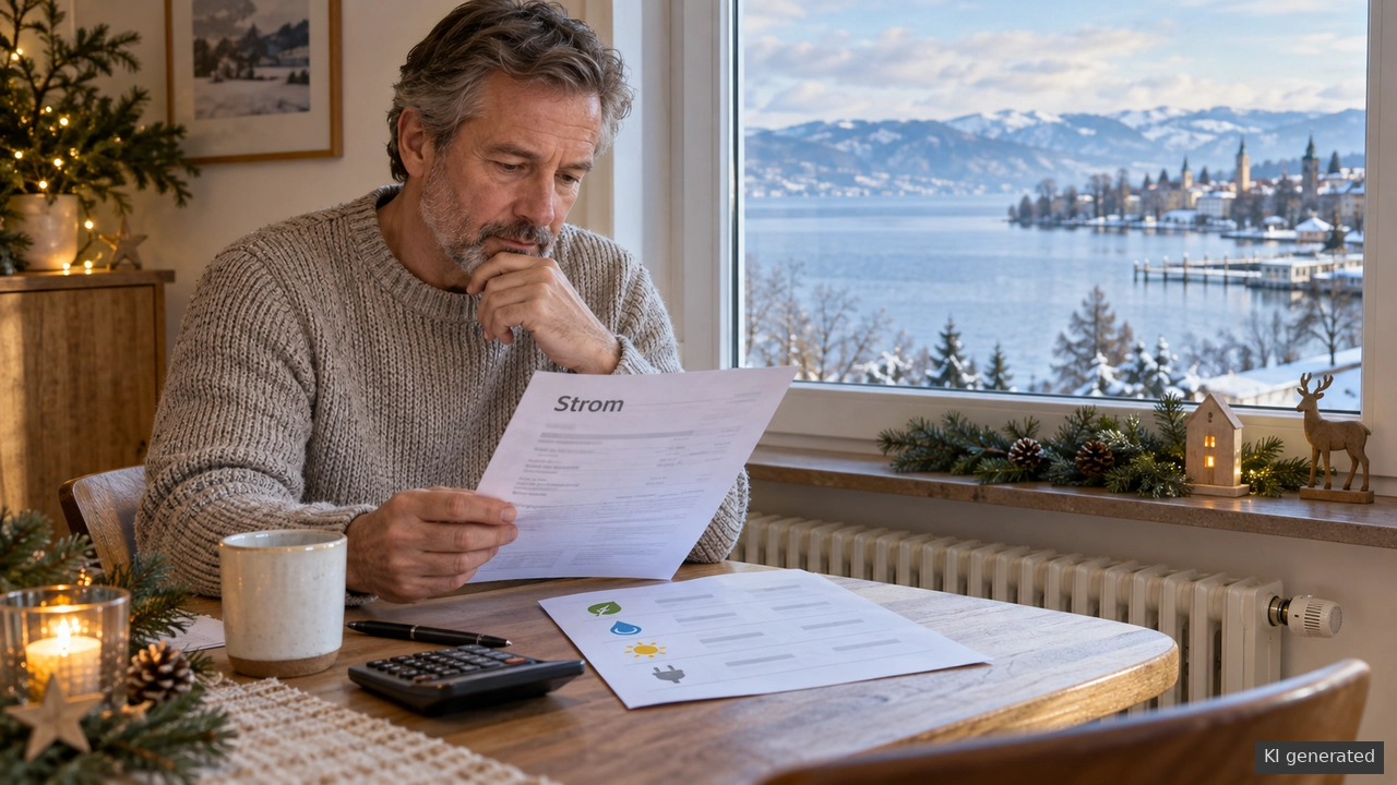 Person mit Stromrechnung und Vergleichsbogen an einem Tisch vor winterlichem Bodenseeblick.