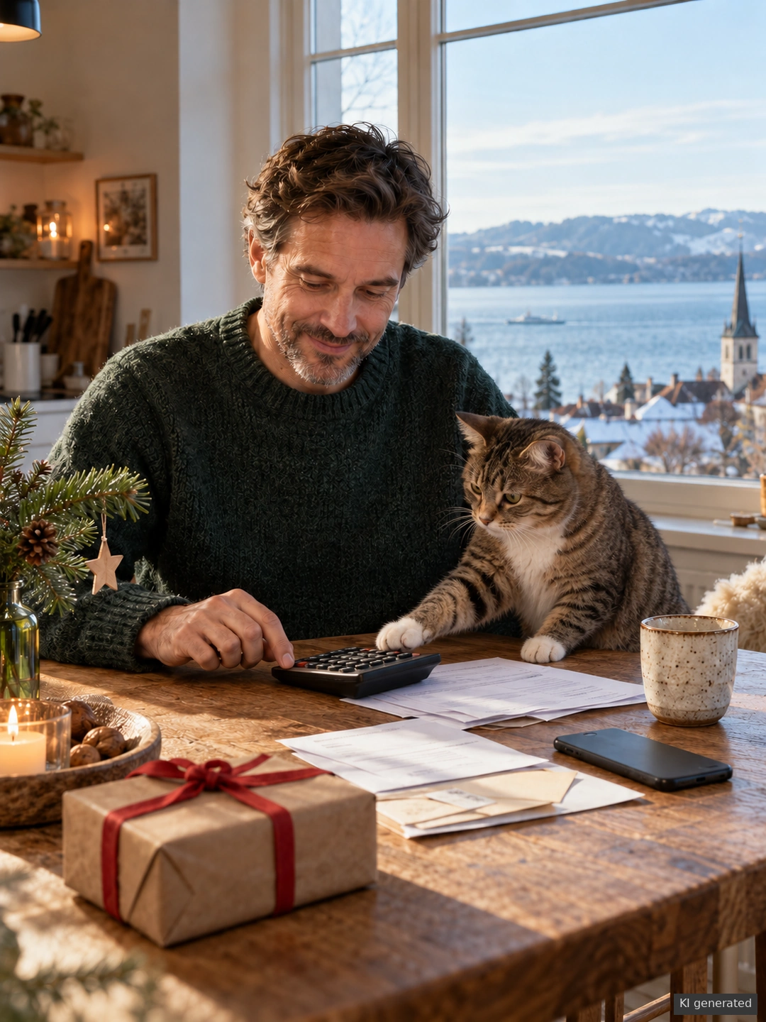 Mann und Katze am Taschenrechner neben Haushaltsunterlagen und Weihnachtsgeschenk mit Bodenseeblick.