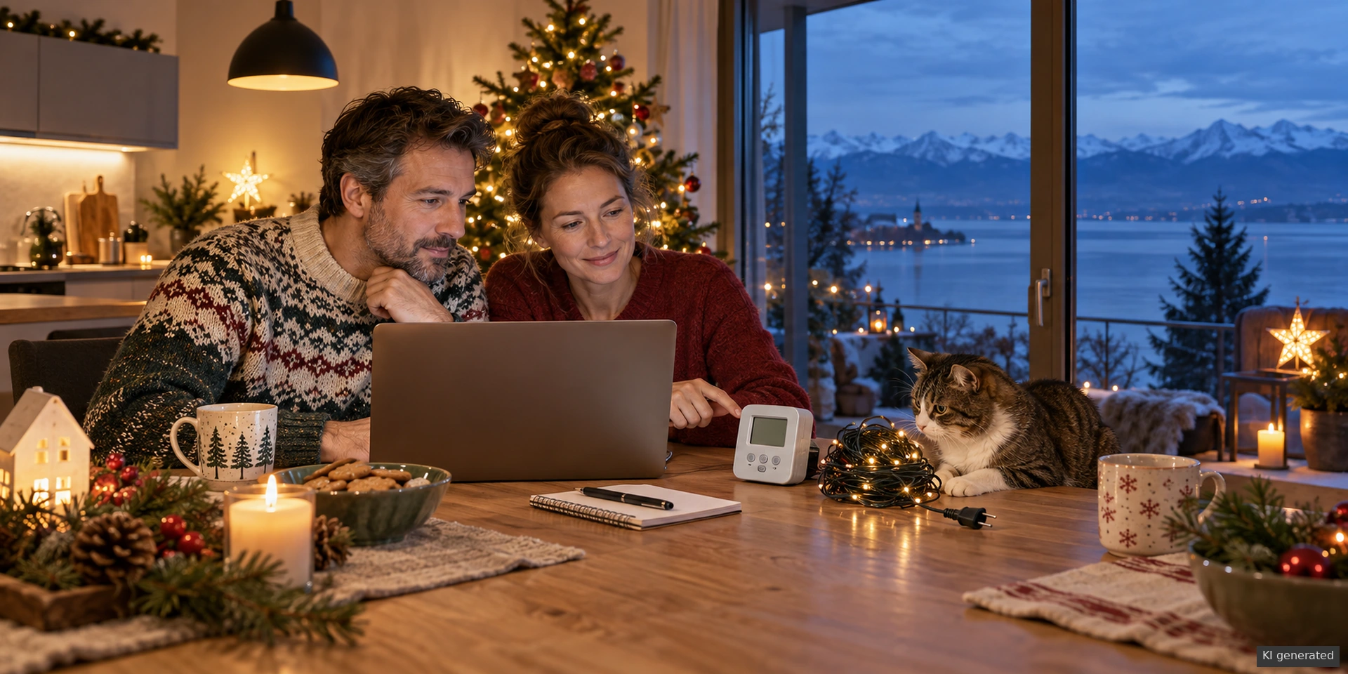Paar prüft am Laptop den Stromtarif in einem weihnachtlichen Zuhause mit Bodenseeblick.