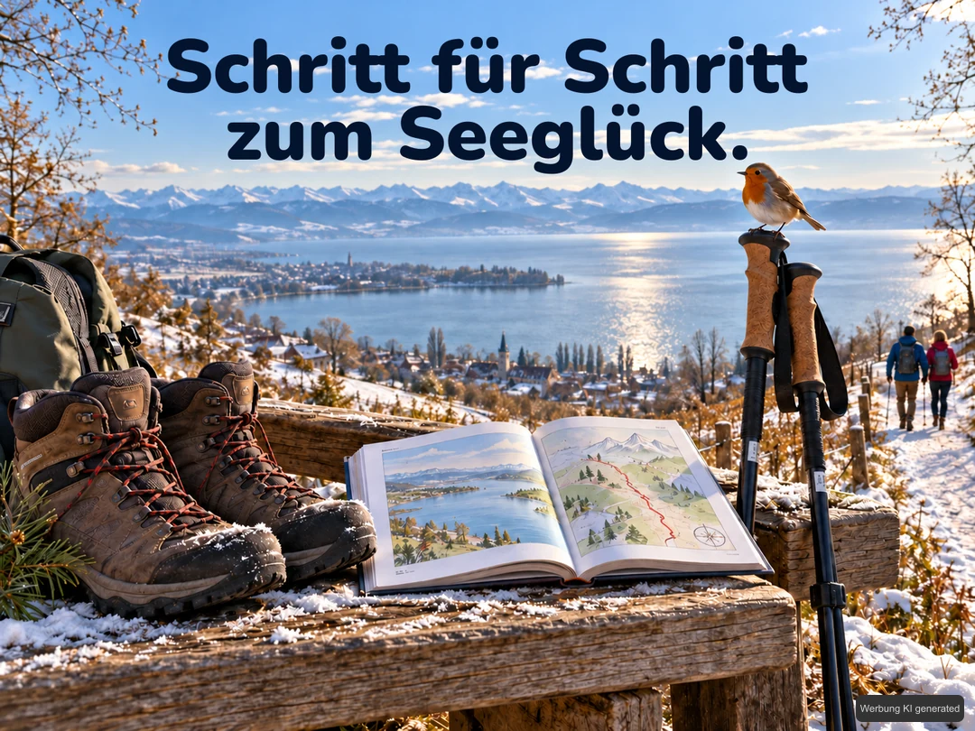 Wanderschuhe, ein neutraler Wanderführer und Stöcke liegen an einer Rastbank über dem Bodensee; ein Rotkehlchen sitzt auf einem Stockgriff. KI-Symbolbild. Bildtext: Schritt für Schritt zum Seeglück.