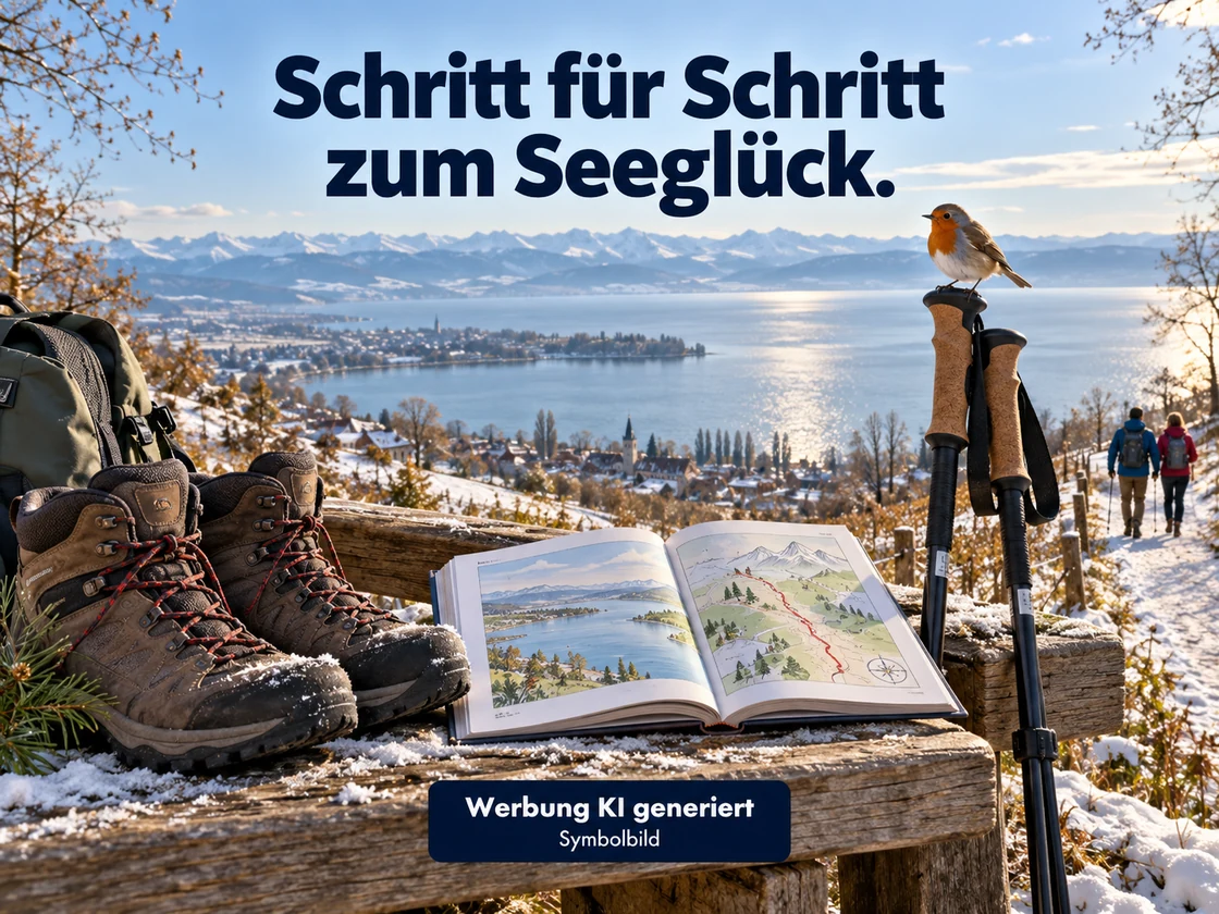 Wanderschuhe, ein neutraler Wanderführer und Stöcke liegen an einer Rastbank über dem Bodensee; ein Rotkehlchen sitzt auf einem Stockgriff. KI-Symbolbild. Bildtext: Schritt für Schritt zum Seeglück.