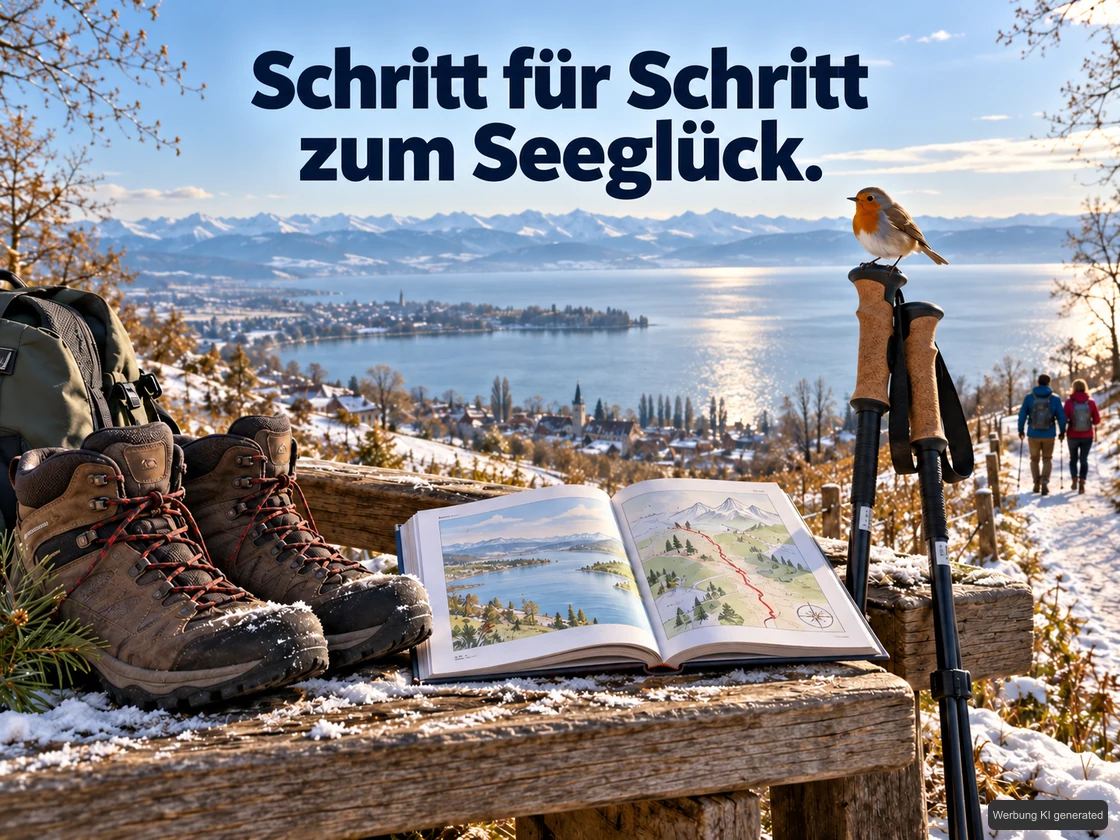 Wanderschuhe, ein neutraler Wanderführer und Stöcke liegen an einer Rastbank über dem Bodensee; ein Rotkehlchen sitzt auf einem Stockgriff. KI-Symbolbild. Bildtext: Schritt für Schritt zum Seeglück.