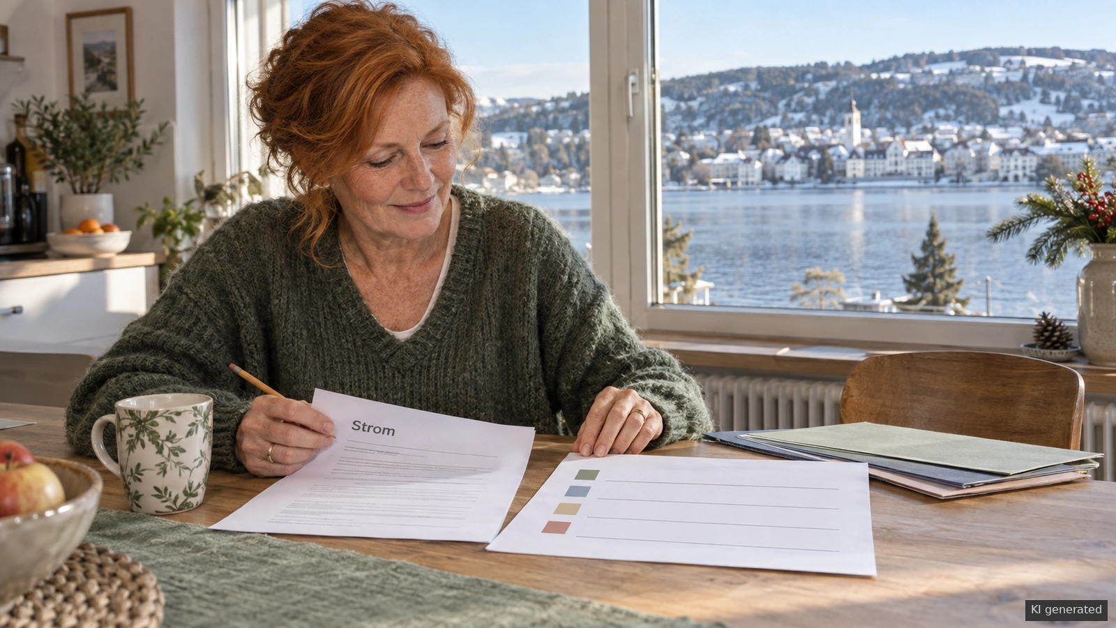 Stromrechnung und vier neutrale Vergleichszeilen auf einem Tisch vor dem Bodensee.