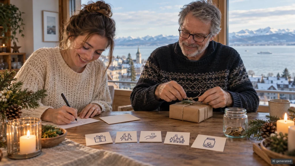 Kleiner Geschenkplan mit Karten, einem schlichten Paket und einem Sparglas am Bodensee.