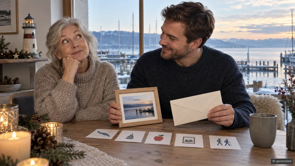 Fünf Empfängerkarten mit zwei persönlichen Geschenkideen für Bodensee-Fans.