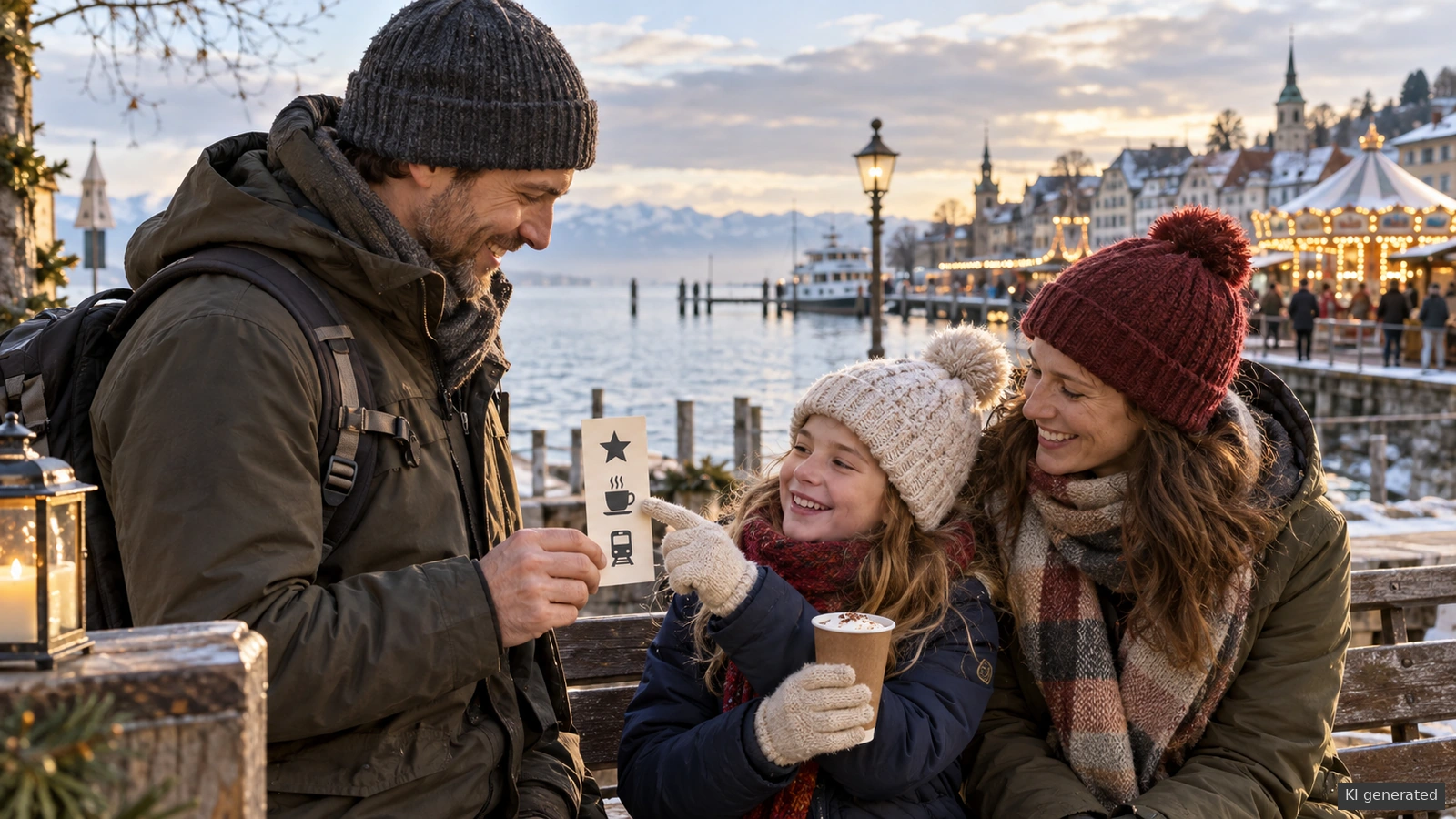 Familie mit einem Drei-Symbole-Plan für Marktziel, Wärmepause und Rückweg am Bodensee.