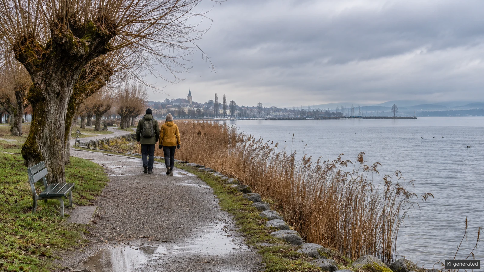 Zwei Wandernde auf einem schneefreien Uferweg am Bodensee unter grauem Winterhimmel.