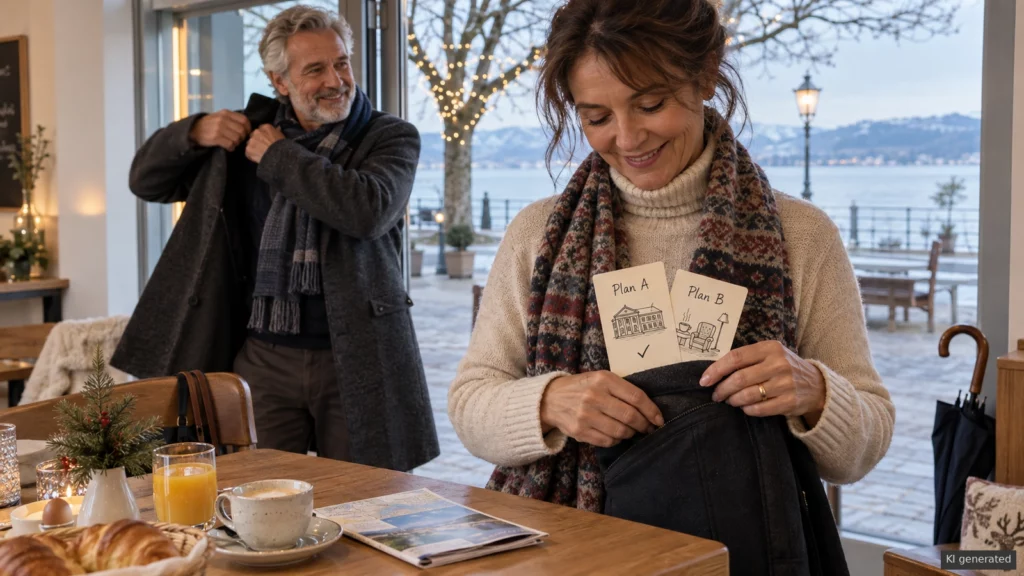 Tagesplanung mit zwei Papierkarten vor einer ruhigen winterlichen Bodenseepromenade.