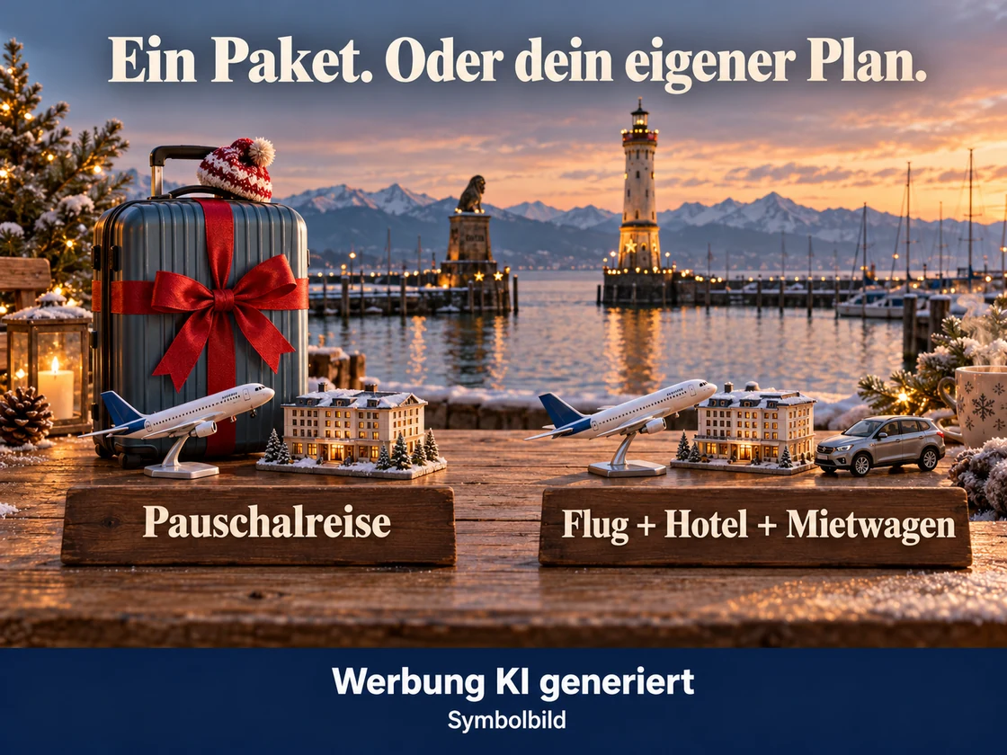 Vor dem Lindauer Hafen stehen links ein verschnürter Koffer mit Flugzeug- und Hotelminiaturen, rechts einzelne Flugzeug-, Hotel- und Automodelle für den Reisevergleich. KI-Symbolbild. Bildtext: Ein Paket. Oder dein eigener Plan.