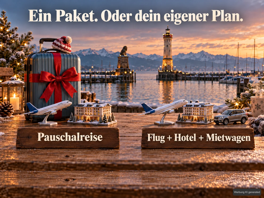 Vor dem Lindauer Hafen stehen links ein verschnürter Koffer mit Flugzeug- und Hotelminiaturen, rechts einzelne Flugzeug-, Hotel- und Automodelle für den Reisevergleich. KI-Symbolbild. Bildtext: Ein Paket. Oder dein eigener Plan.
