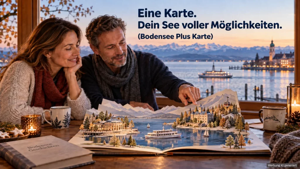 KI-generiertes Symbolbild zur Bodensee Plus Karte: Ein Paar plant Ausflüge mit einer fantasievollen Papierlandschaft am See.