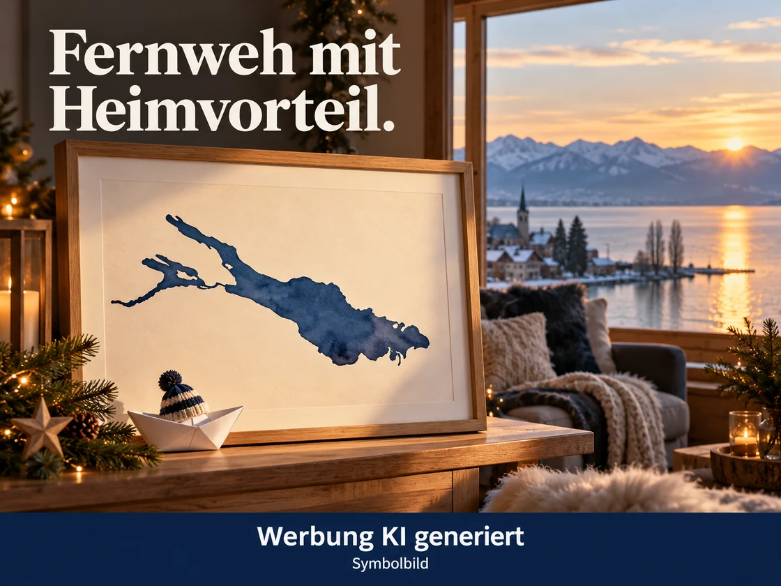 Ein gerahmtes Poster mit illustrativer blauer Bodensee-Kontur steht am Fenster; ein Papierboot mit kleiner Wollmütze ergänzt die winterliche Seeszene. KI-Symbolbild. Bildtext: Fernweh mit Heimvorteil.