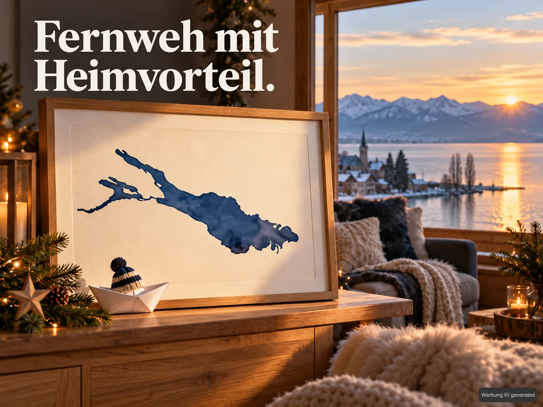 Ein gerahmtes Poster mit illustrativer blauer Bodensee-Kontur steht am Fenster; ein Papierboot mit kleiner Wollmütze ergänzt die winterliche Seeszene. KI-Symbolbild. Bildtext: Fernweh mit Heimvorteil.