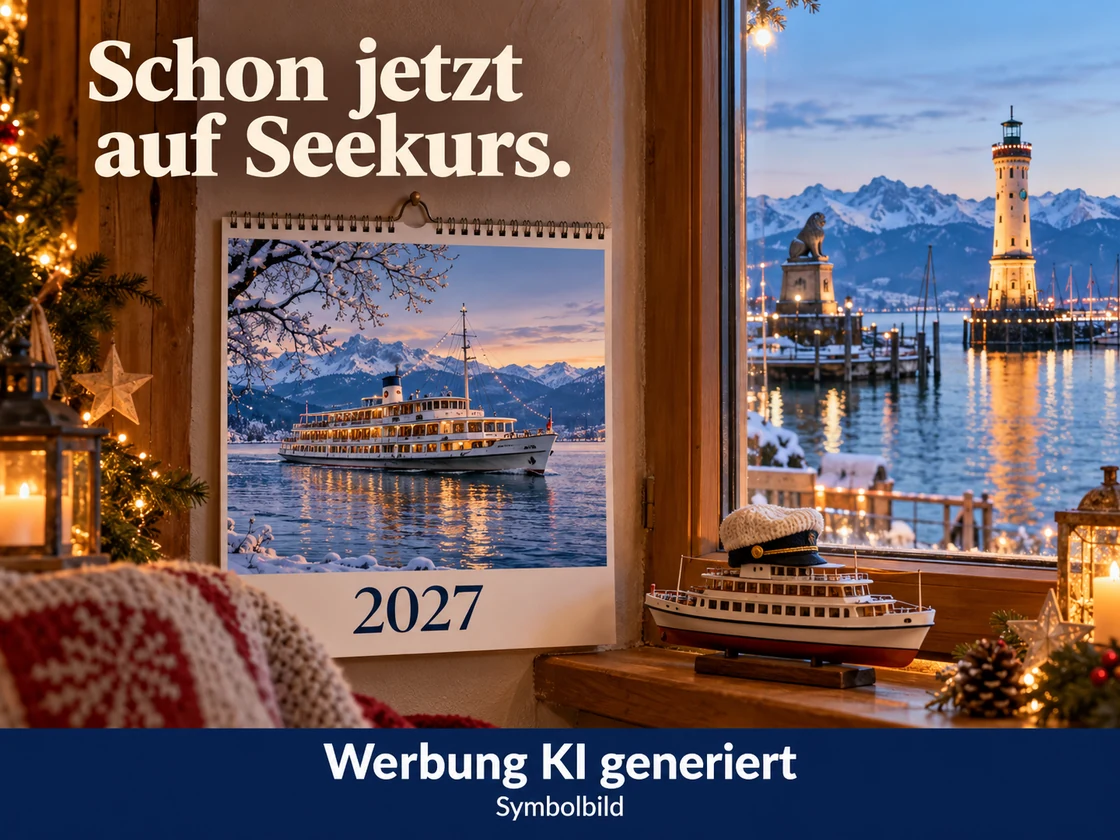Ein neutraler Spiralkalender mit Schiffsmotiv und Jahreszahl 2027 steht neben einem Modellschiff mit Wollmütze; durch das Fenster ist der Lindauer Hafen zu sehen. KI-Symbolbild. Bildtext: Schon jetzt auf Seekurs.