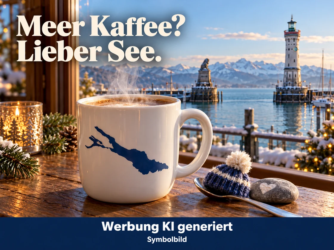 Eine dampfende weiße Kaffeetasse mit blauer illustrativer Bodensee-Kontur steht am Fenster vor dem Lindauer Hafen; daneben liegen Löffel, kleine Wollmütze und Stein. KI-Symbolbild. Bildtext: Meer Kaffee? Lieber See.