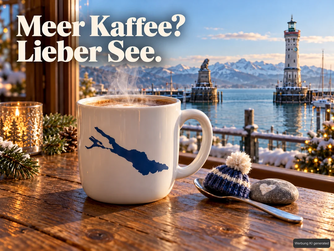 Eine dampfende weiße Kaffeetasse mit blauer illustrativer Bodensee-Kontur steht am Fenster vor dem Lindauer Hafen; daneben liegen Löffel, kleine Wollmütze und Stein. KI-Symbolbild. Bildtext: Meer Kaffee? Lieber See.