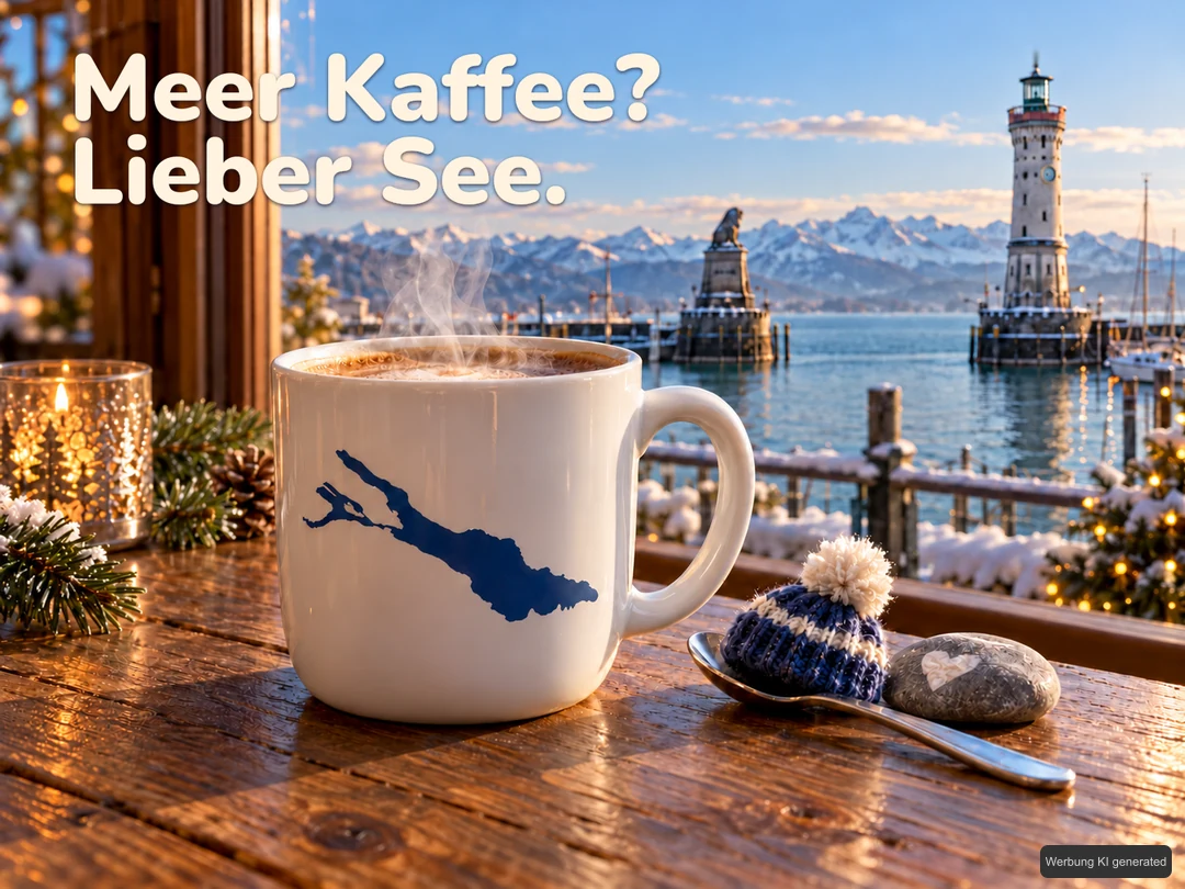 Eine dampfende weiße Kaffeetasse mit blauer illustrativer Bodensee-Kontur steht am Fenster vor dem Lindauer Hafen; daneben liegen Löffel, kleine Wollmütze und Stein. KI-Symbolbild. Bildtext: Meer Kaffee? Lieber See.