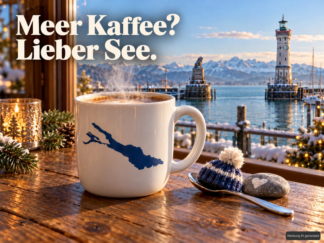 Eine dampfende weiße Kaffeetasse mit blauer illustrativer Bodensee-Kontur steht am Fenster vor dem Lindauer Hafen; daneben liegen Löffel, kleine Wollmütze und Stein. KI-Symbolbild. Bildtext: Meer Kaffee? Lieber See.