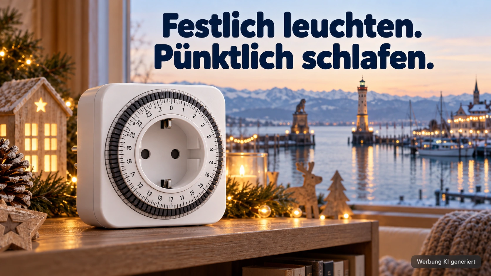 KI-Symbolbild: Mechanische Steckdosen-Zeitschaltuhr neben Weihnachtsbeleuchtung am Fenster.