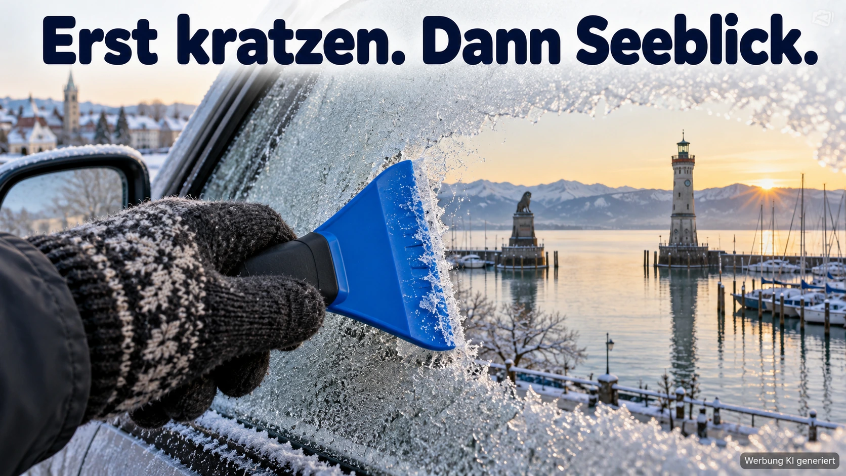KI-Symbolbild: Blauer Eisschaber an einer vereisten Autoscheibe vor dem Lindauer Hafen.