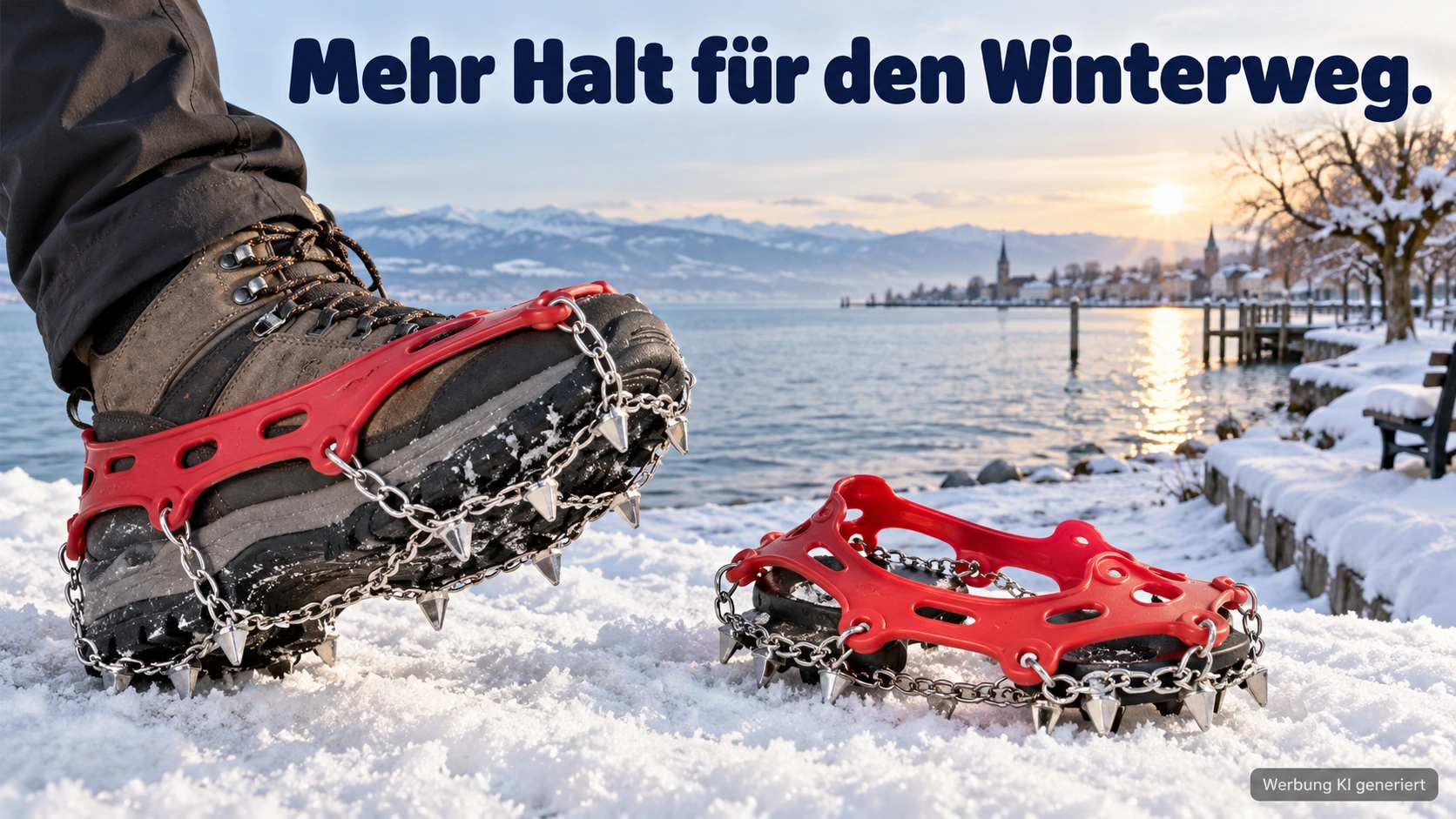 KI-Symbolbild: Rote Schuhtraktion mit Metallketten an einem Stiefel auf einem Winterweg am See.