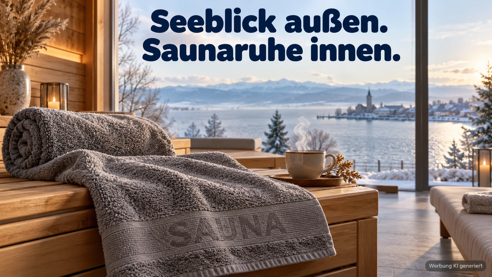 KI-Symbolbild: Graues Saunatuch auf einer Holzbank in einem Ruheraum mit Bodenseeblick.